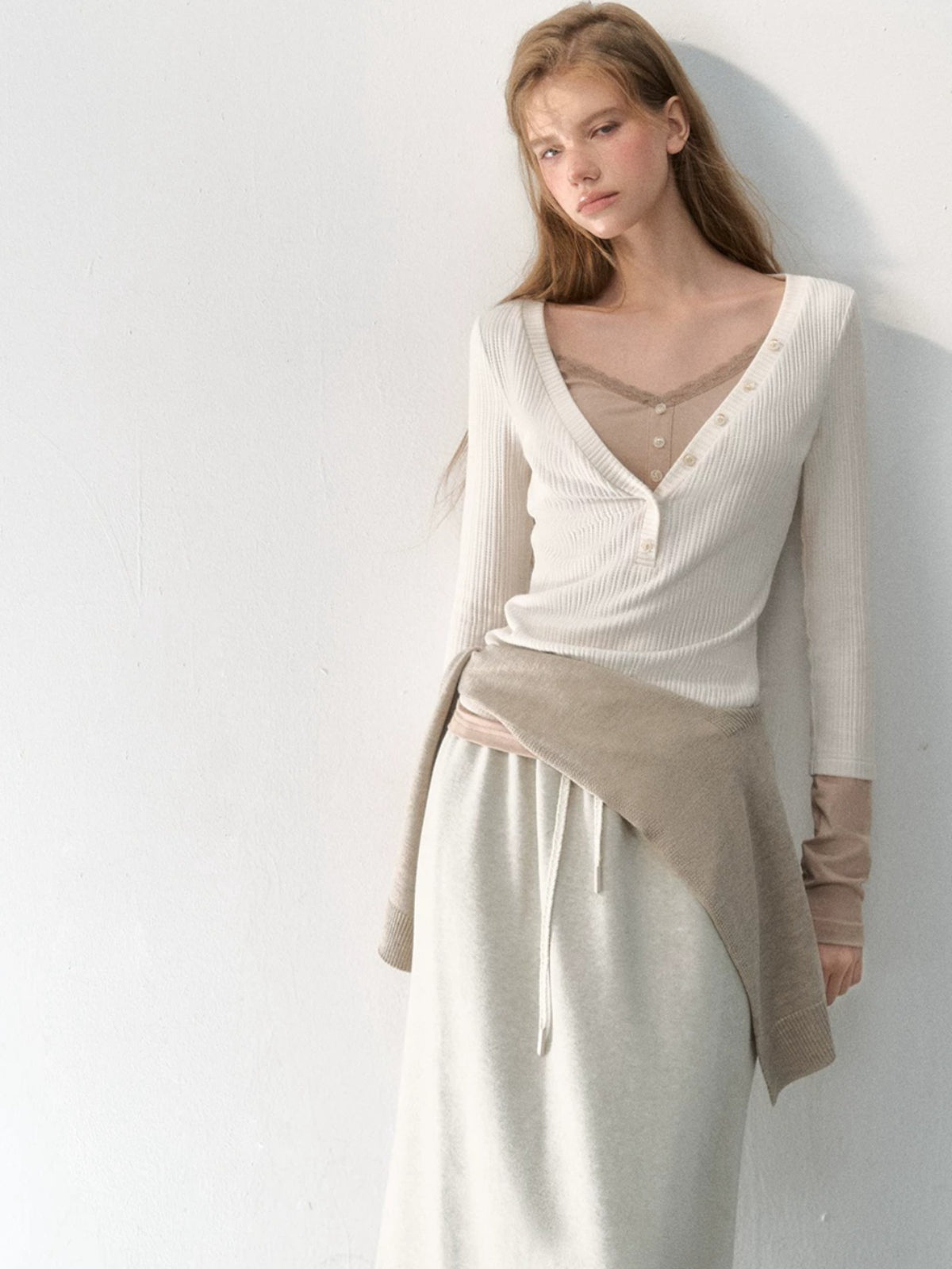 Layered V-Neck Ribbed Knit Top