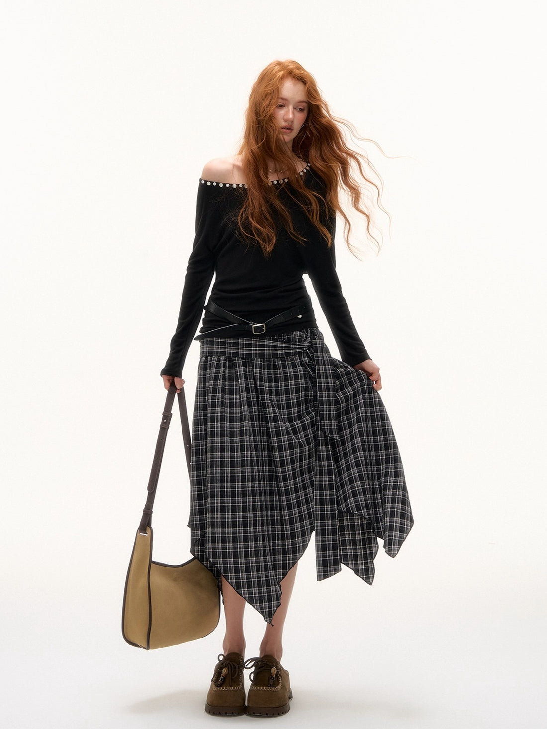 Off-Shoulder Pearl-Button Long-Sleeve T-Shirt