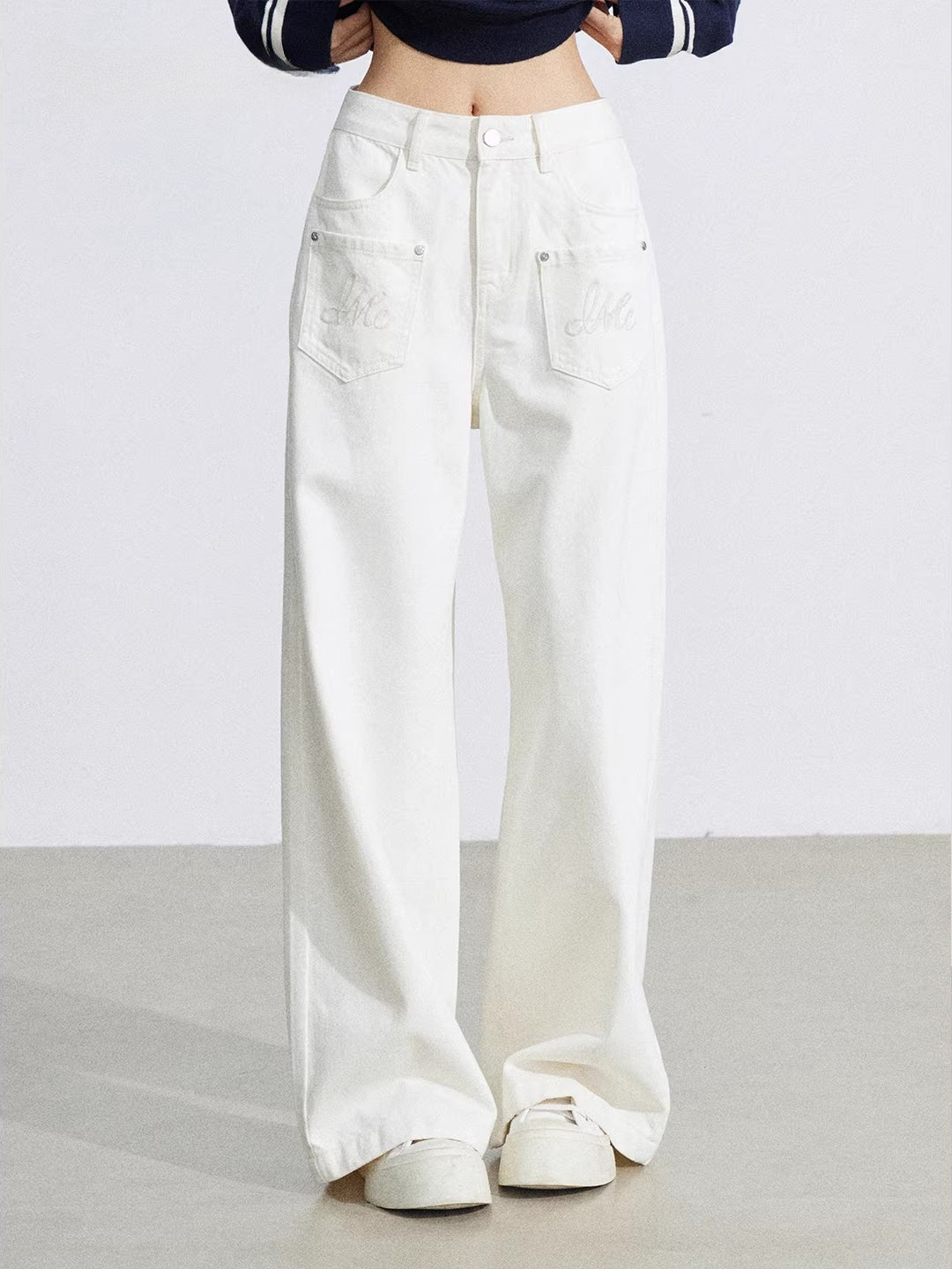 Beige Embroidered Pocket Jeans