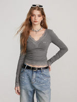 Lace Panel V-Neck Fitted T-Shirt
