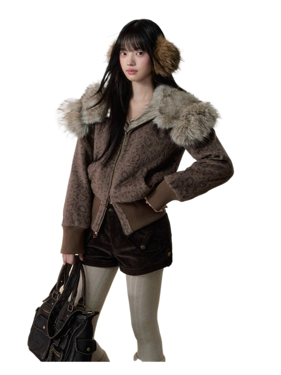 Korean Retro Leopard Wool Hooded Jacket