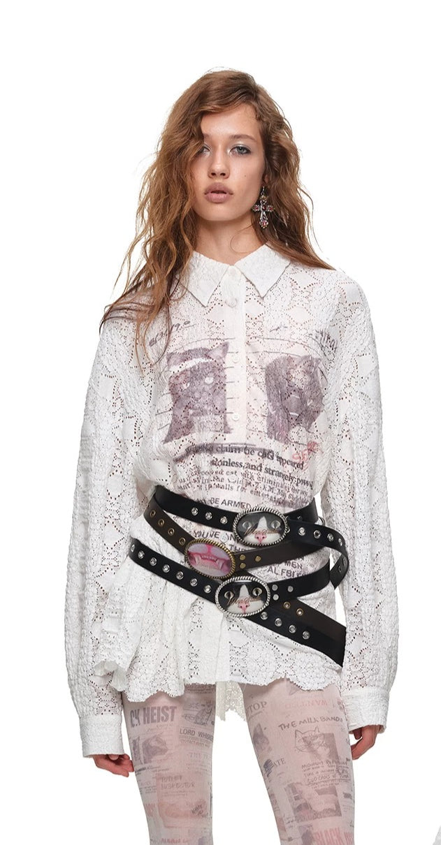 Cat Print Oversized Lace Shirt