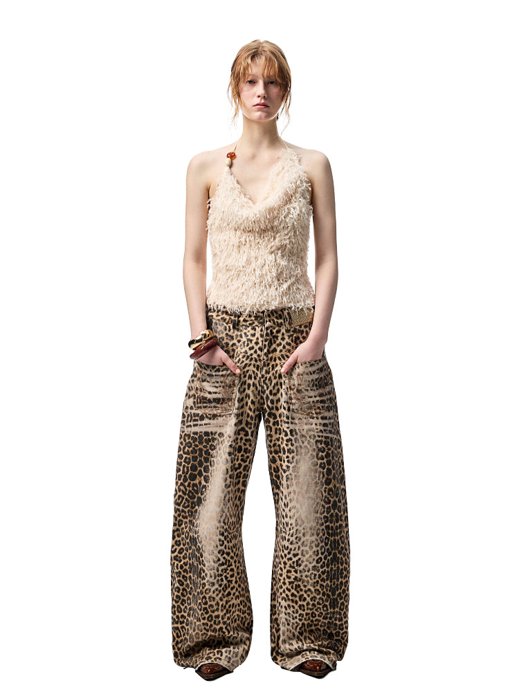 Washed Leopard Print Canvas Curved Pants
