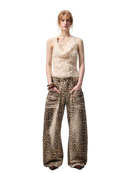 Washed Leopard Print Canvas Curved Pants