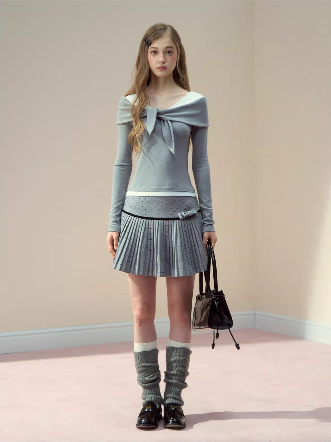 Polka-Dot Bow Pleated Skirt