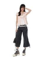 Tie Waist Puff Sleeve Short Blouse