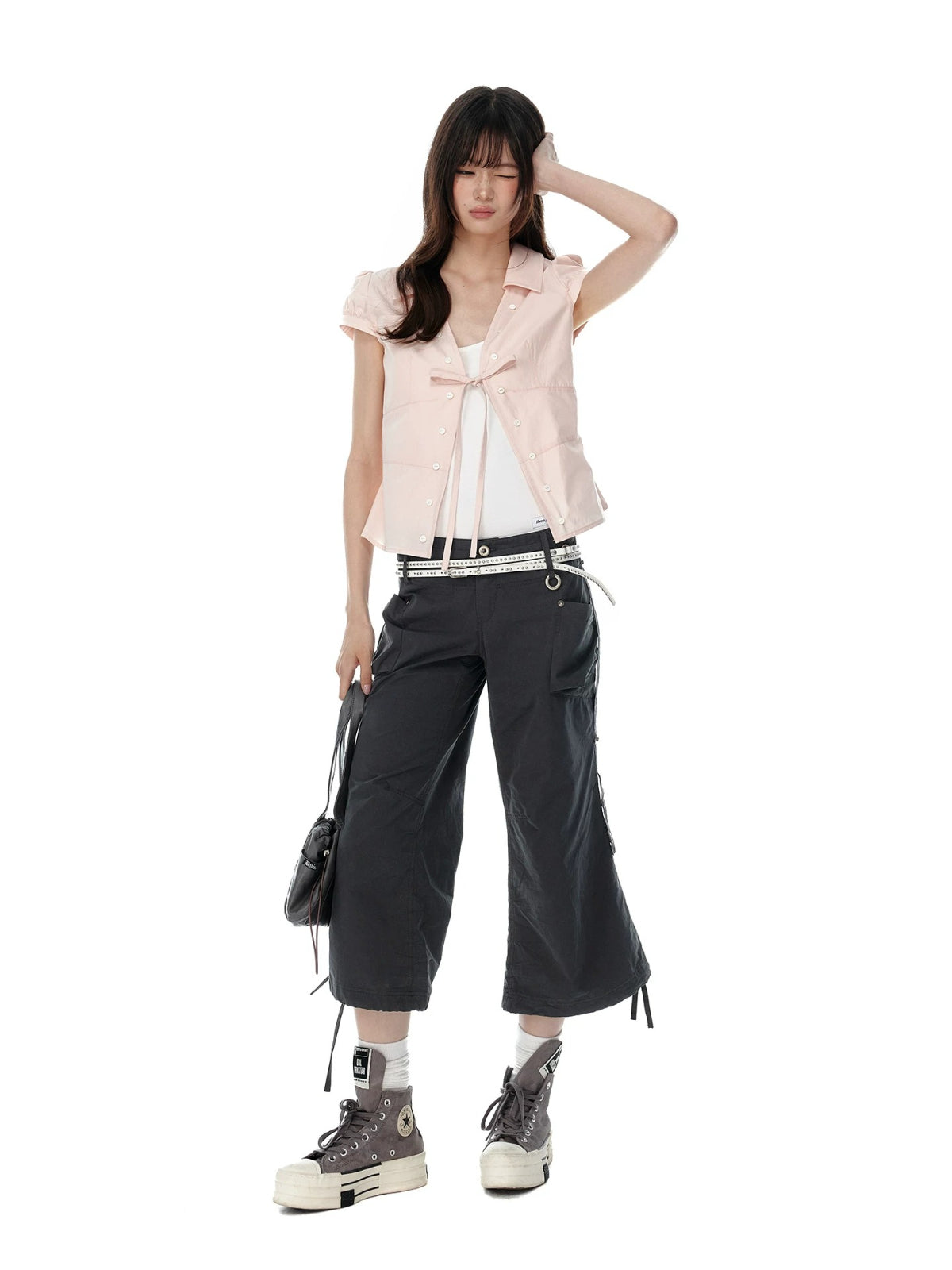 Tie Waist Puff Sleeve Short Blouse