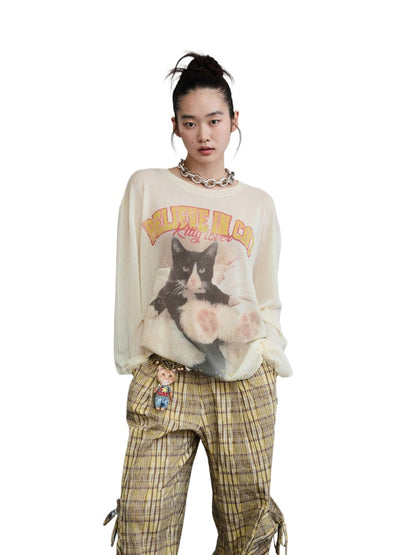 Cat Print Knitted T-shirt