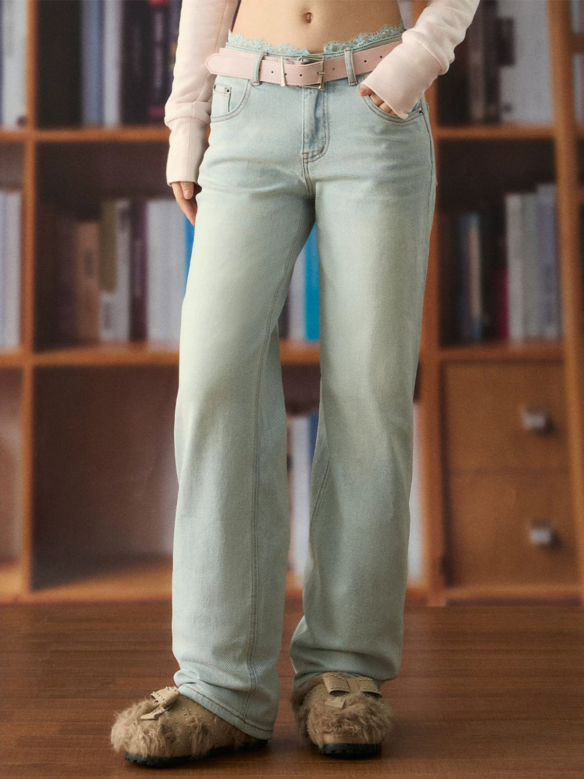 Light Wash Lace Waist Jeans
