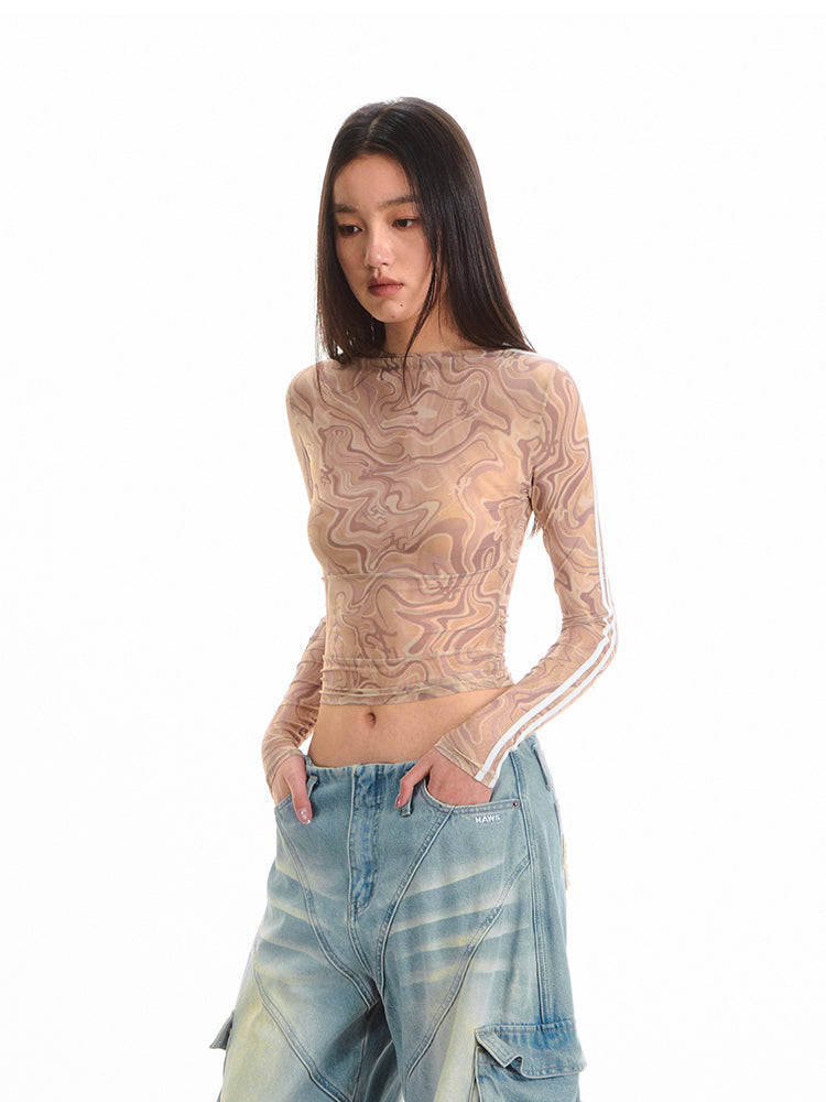 Printed Pleated Long Sleeve T-shirt