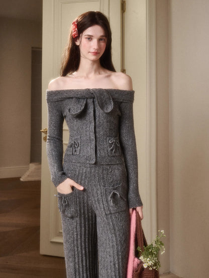 Velvet Bunny Wool Cloud Off-Shoulder Knit Cardigan &amp; Pants Set