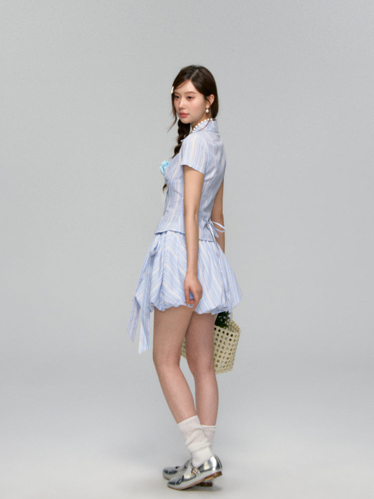 Colorful Buttons Striped College - Style Shirt &amp; Skirt Set