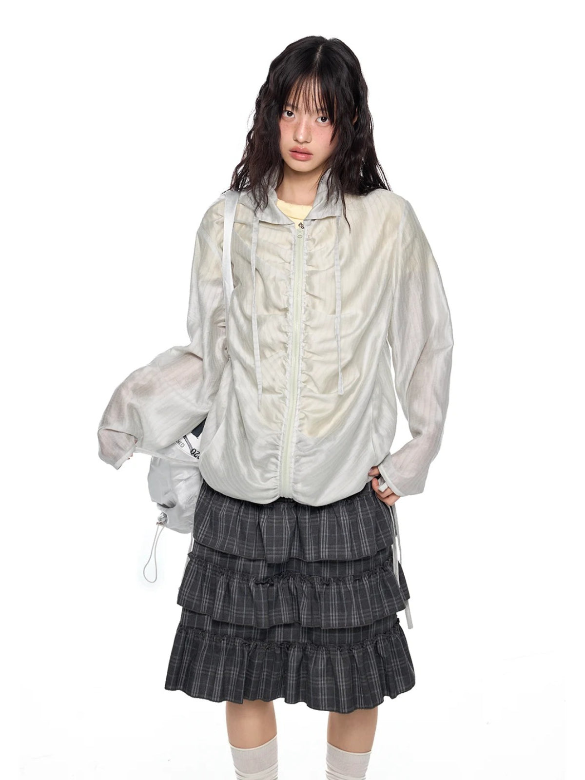 Gathered Tie Plaid Lightweight Blouse