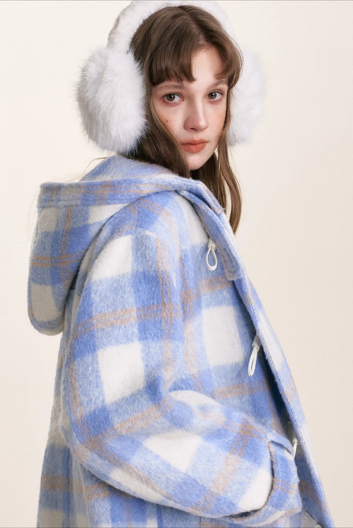 Blue Check Hooded Wool Coat