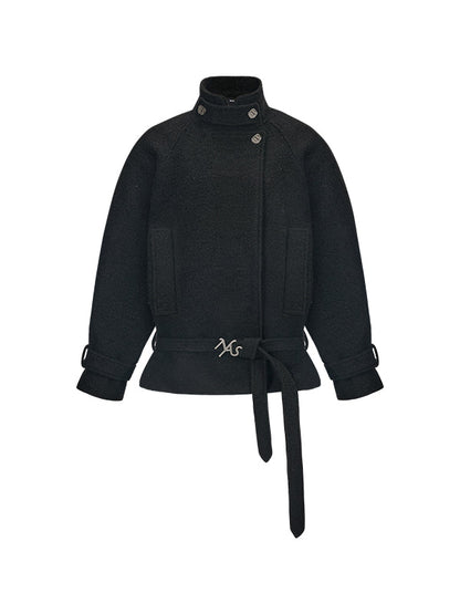 Cream &amp; Black Wool Blend Loose Lapel Jacket