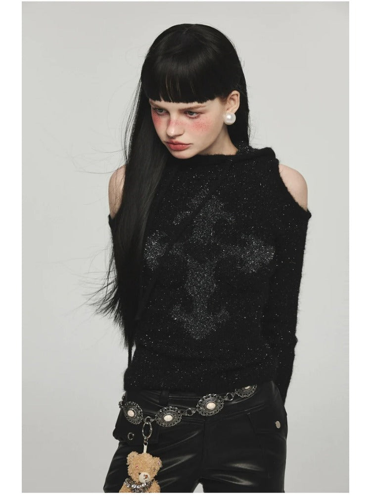 Mohair Off-Shoulder Knit Hoodie
