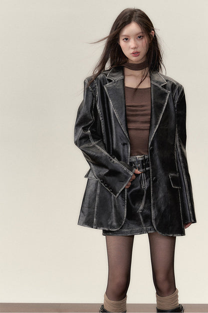 Vintage PU Leather Jacket &amp; Skirt Two-Piece Set