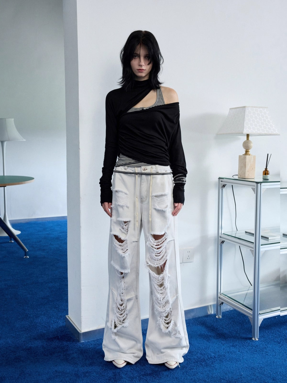 Draped Lyocell Wool Cutout Blouse