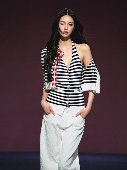 Contrast Stripe Halter Camisole Tank Top &amp; Cardigan Set