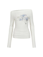 White & Navy Off-Shoulder Printed Blouse