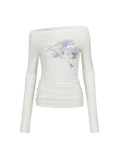 White &amp; Navy Off-Shoulder Printed Blouse