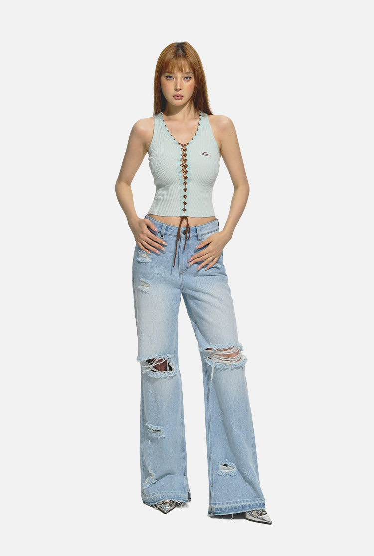 Distressed Straight-Leg Wide-Leg Jeans