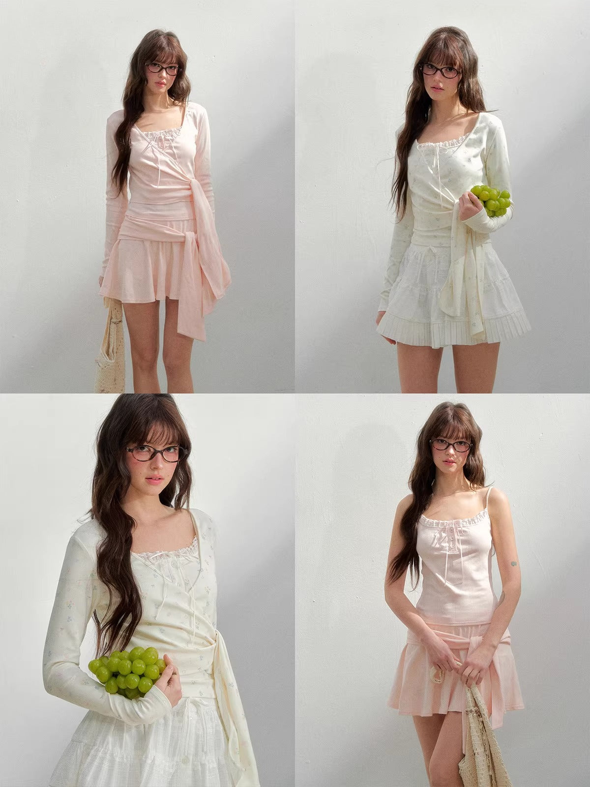 Deep V-neck Blouse &amp; Cami &amp; Skirt Set