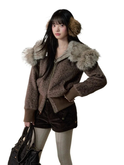 Korean Retro Leopard Wool Hooded Jacket