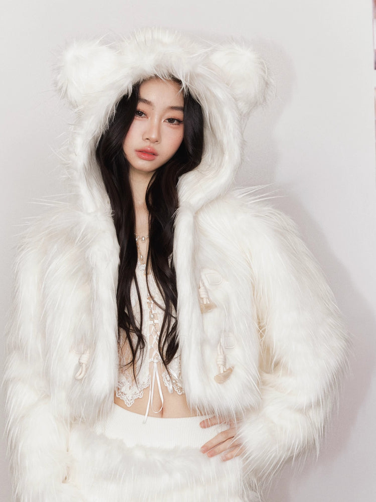 White Hooded Fur Coat