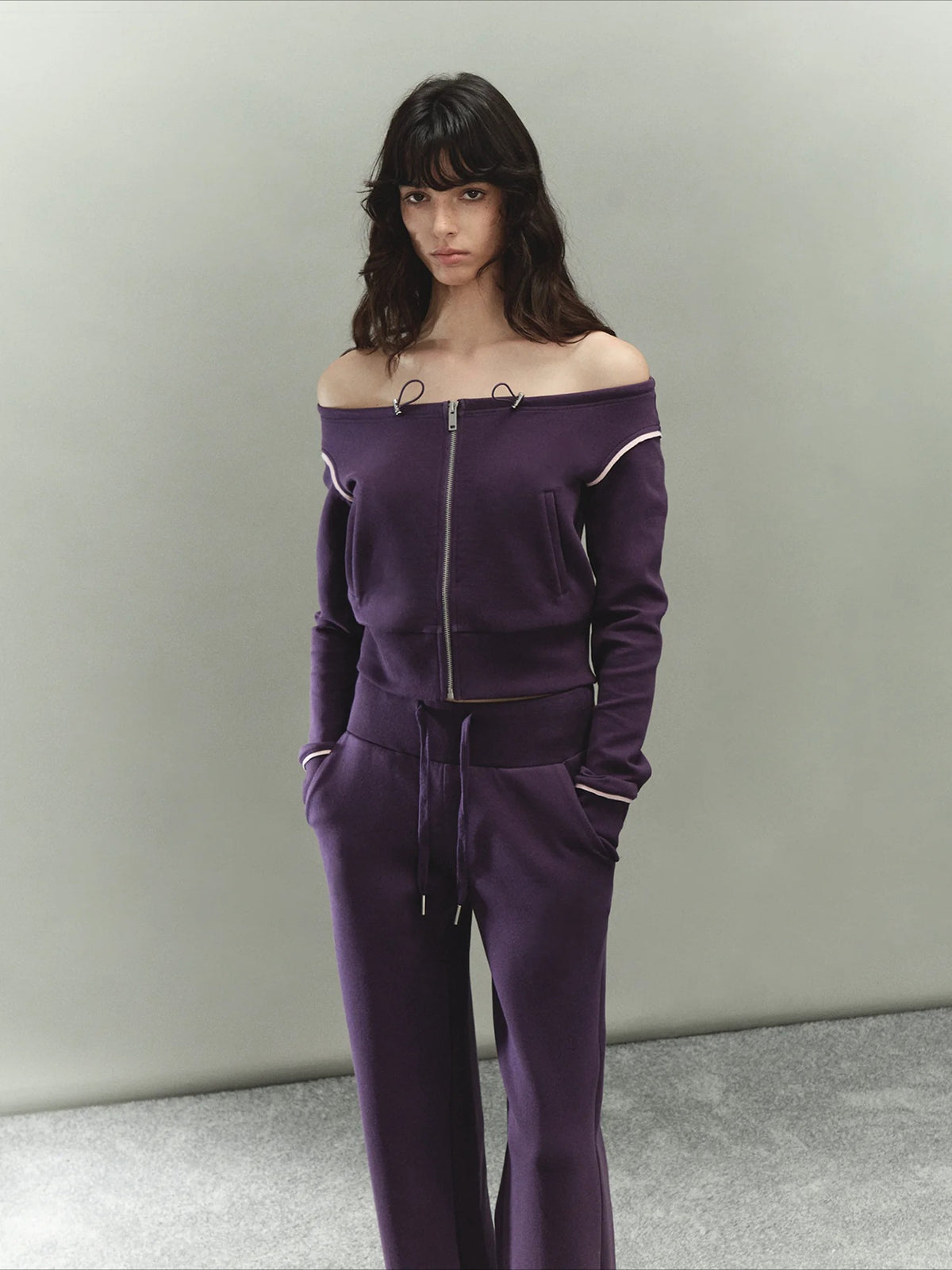 Off-Shoulder Drawstring Sweatshirt &amp; Pants Set