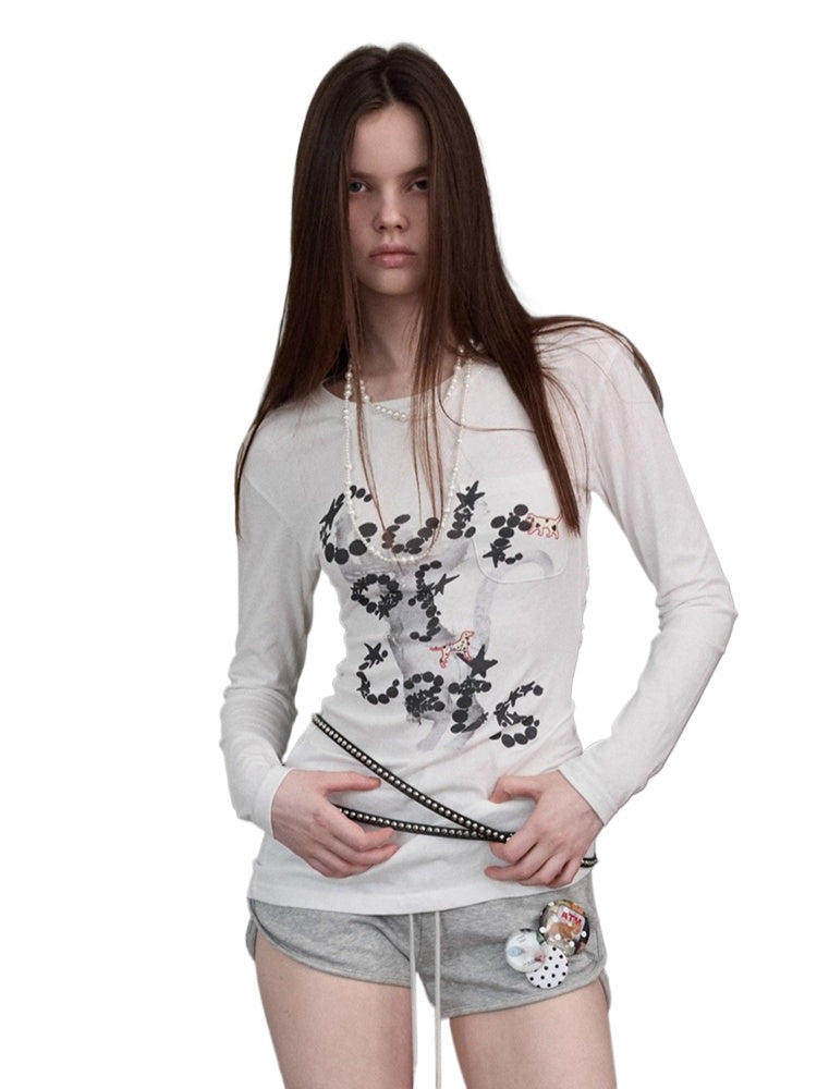 Cat Print Open-Back Long-Sleeve T-shirt