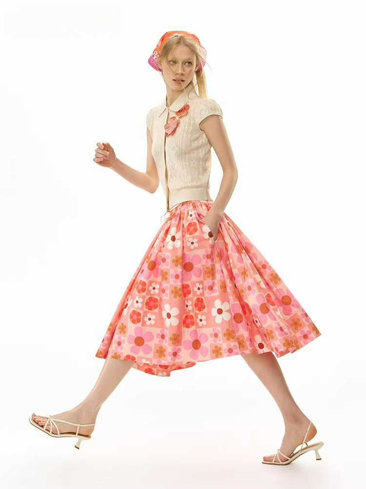 Orange Plaid Print Flare Skirt
