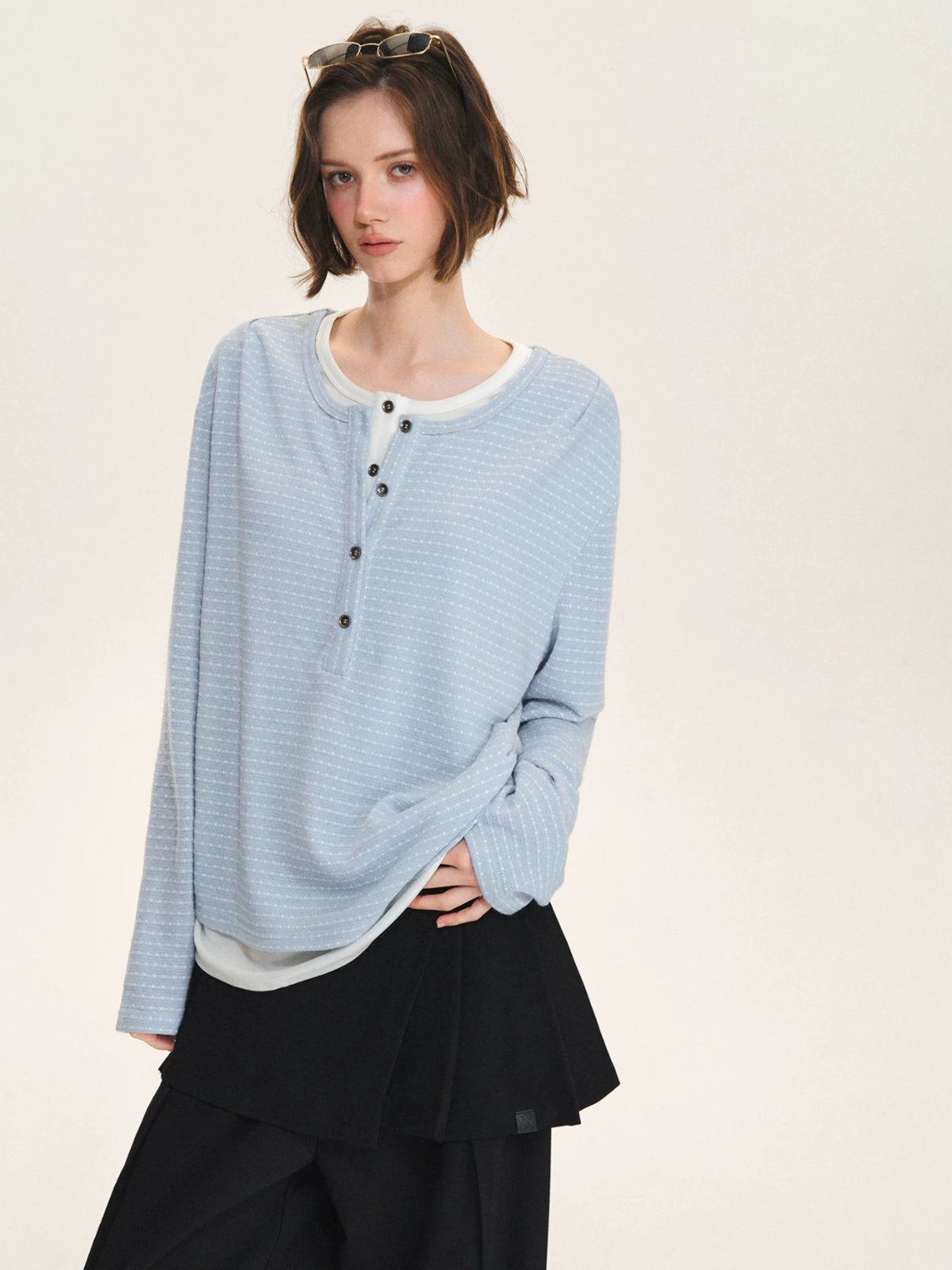Layered Striped Henley Ruched Top