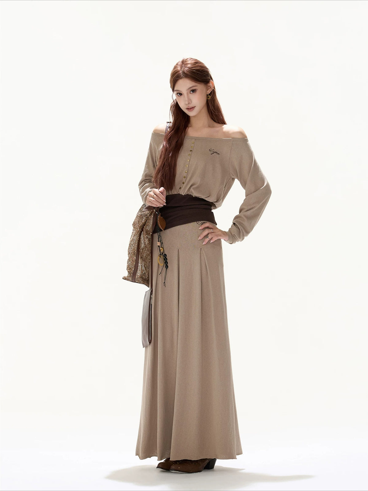 Khaki Off Shoulder Draped Top &amp; Skirt Set