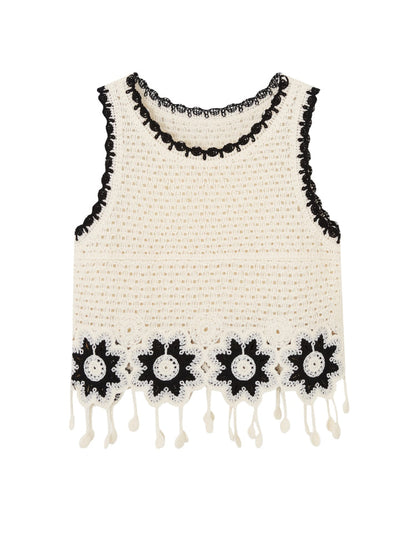 Sleeveless Fringe Flower Crochet Vest