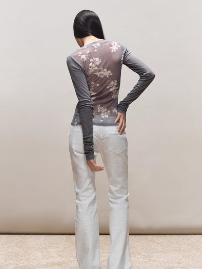 Sheer Print Open-Back Knit Top