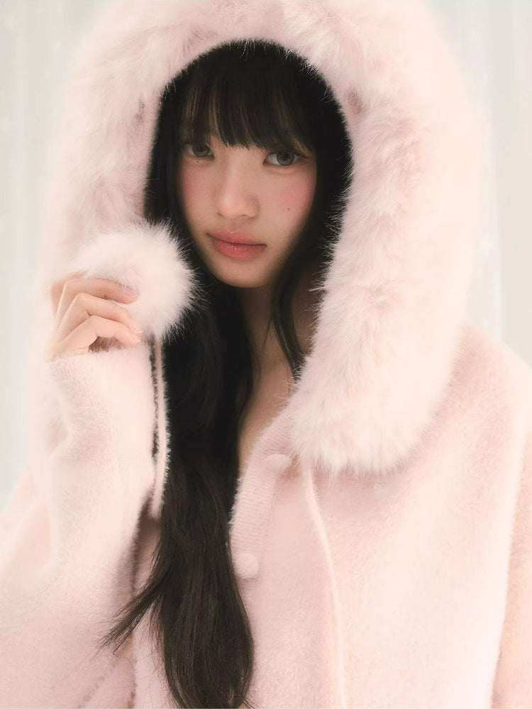 Fur Collar Hooded Knit Cardigan