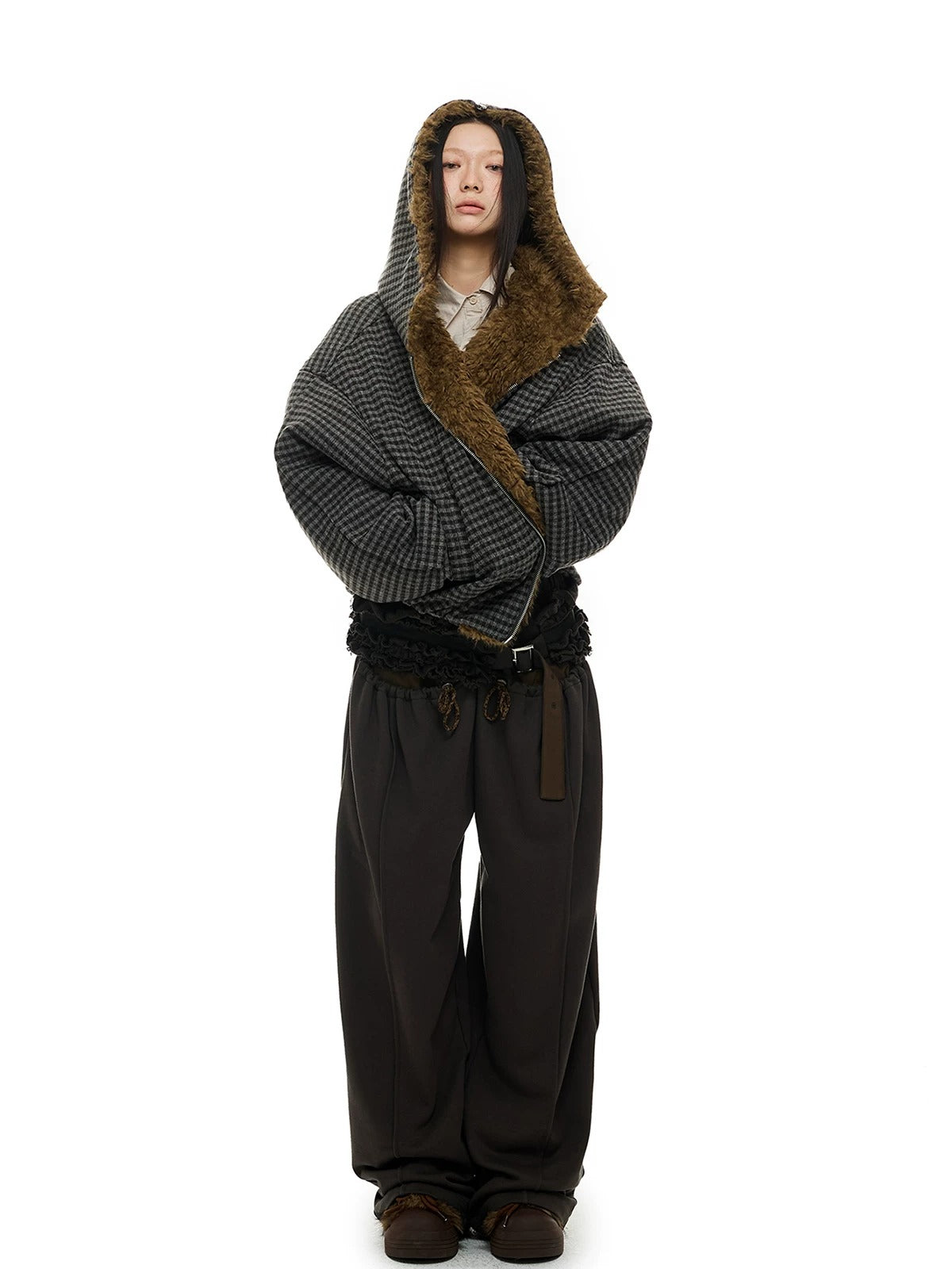 Plaid Wool Hooded Puffer Jacket