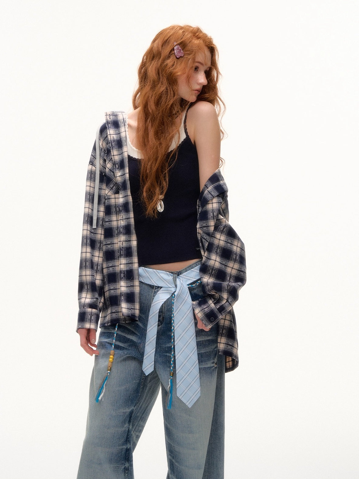 Vintage Plaid Studded Hooded Shirt