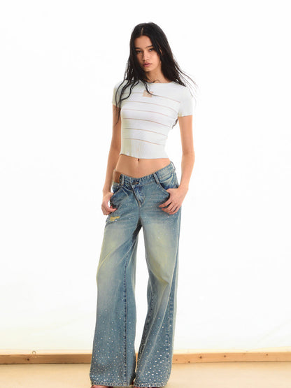 Washed Rhinestone Straight-Leg Wide-Leg Pants