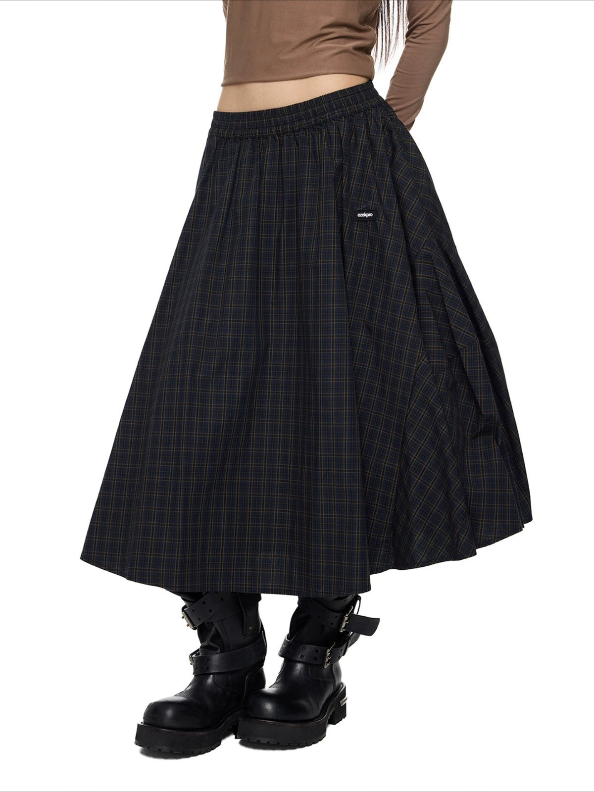Plaid Gathered Midi Skirt