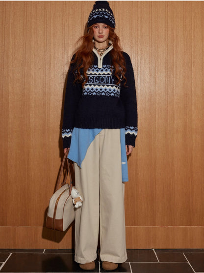 Plaid Cuff Wide-Leg Pants