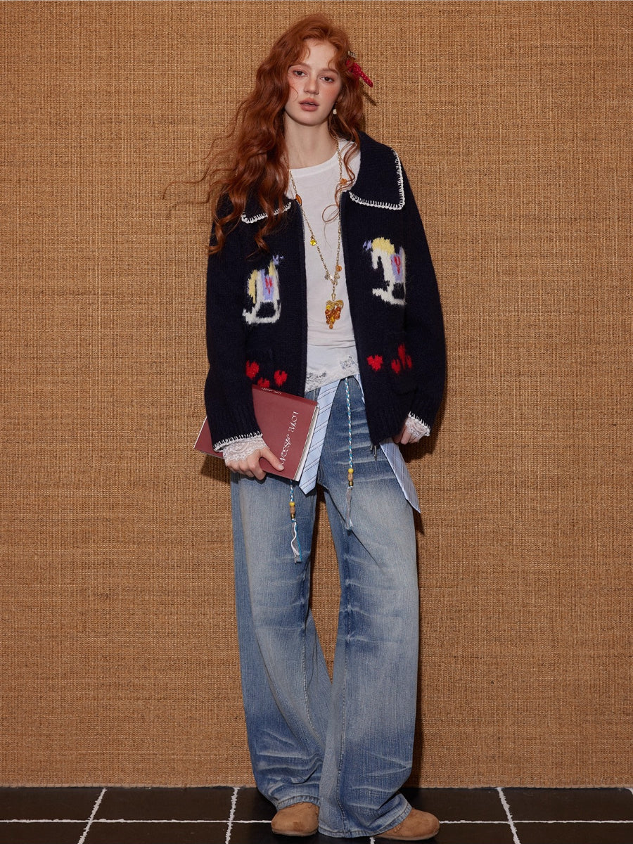 Contrast-Trim Horse Jacquard Knit Zip Cardigan