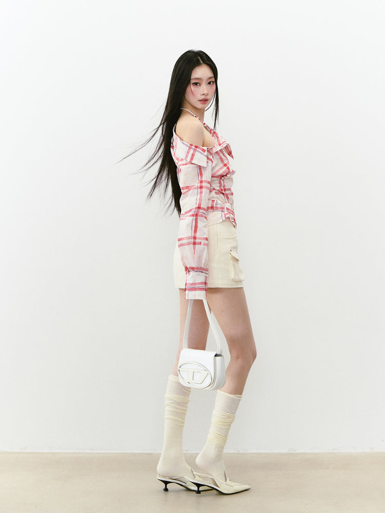 Off-Shoulder Pleated Waist Belt Short Shirt
