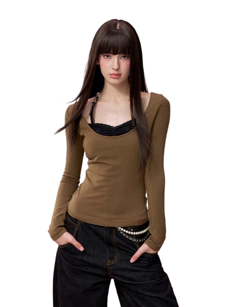 Lace-Panel Contrast Knit Top