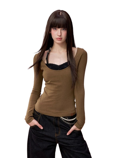 Lace-Panel Contrast Knit Top