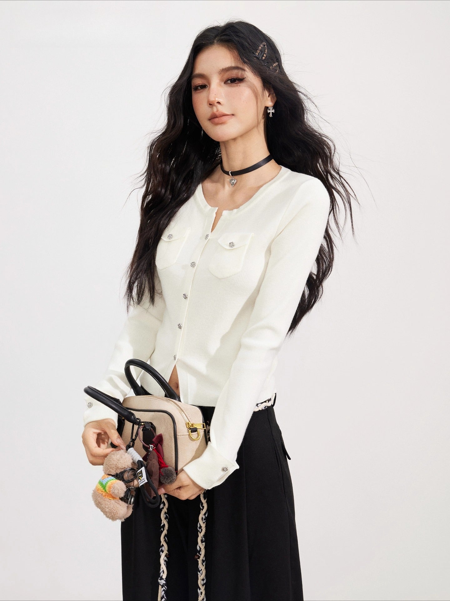 Wool-Blend Flower-shaped Buttons Cardigan
