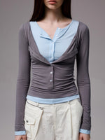 Contrast Layered Henley Blouse