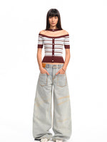 One-Shoulder Halter Neck Color-Block Striped T-shirt