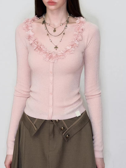 Ruffle V-Neck Knit Cardigan